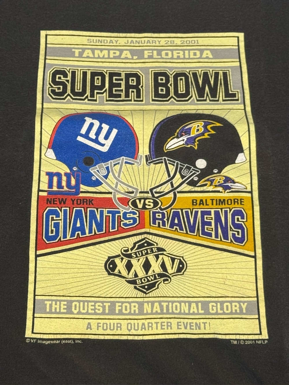 Super Bowl XXXV Giants vs Ravens Graphic Tee - Black with Yellow/Blue/Red XXL